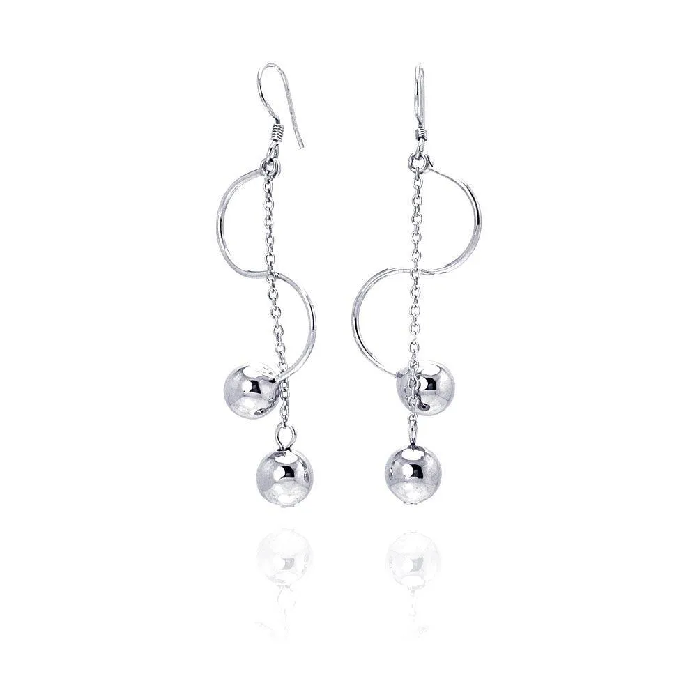 Silver 925 Rhodium Plated Two Hanging Ball Twisted Dangling Hook Earrings - DSE00038