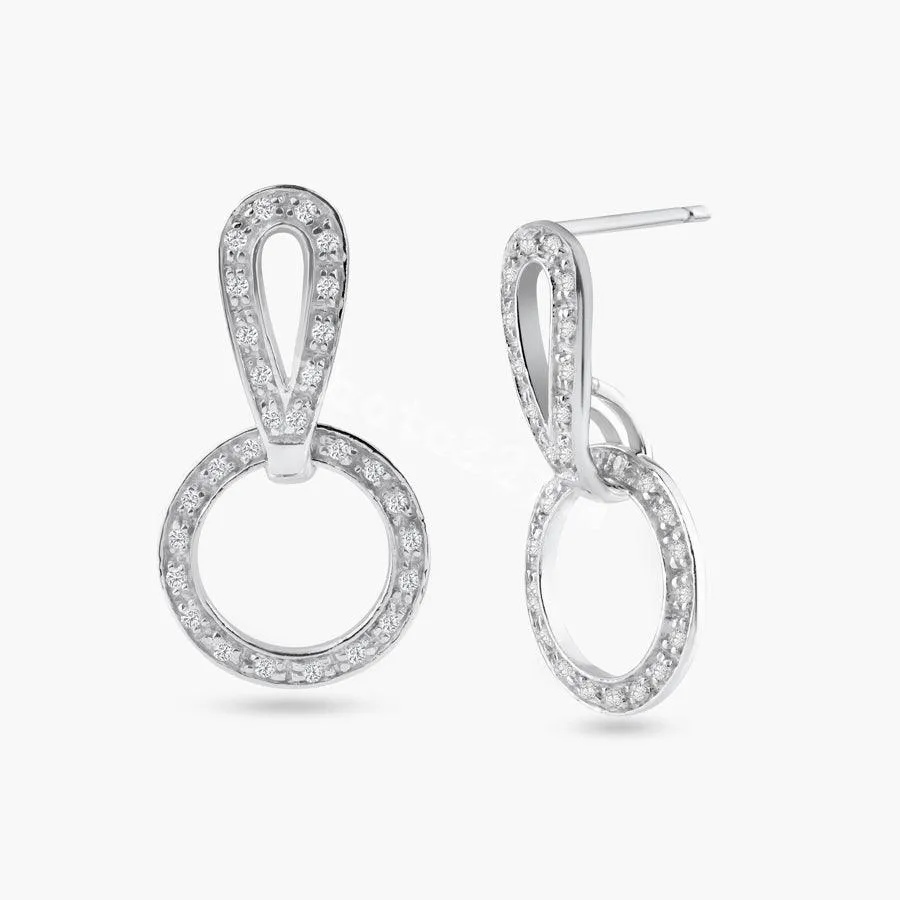 Silver 925 Rhodium Plated Two Piece Round Movable CZ Dangling Earrings - STE00099