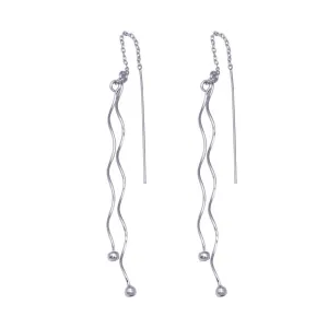 Silver 925 Rhodium Plated Two Twisted Wire Threaded Hanging Ball Hook Earrings - DSE00046