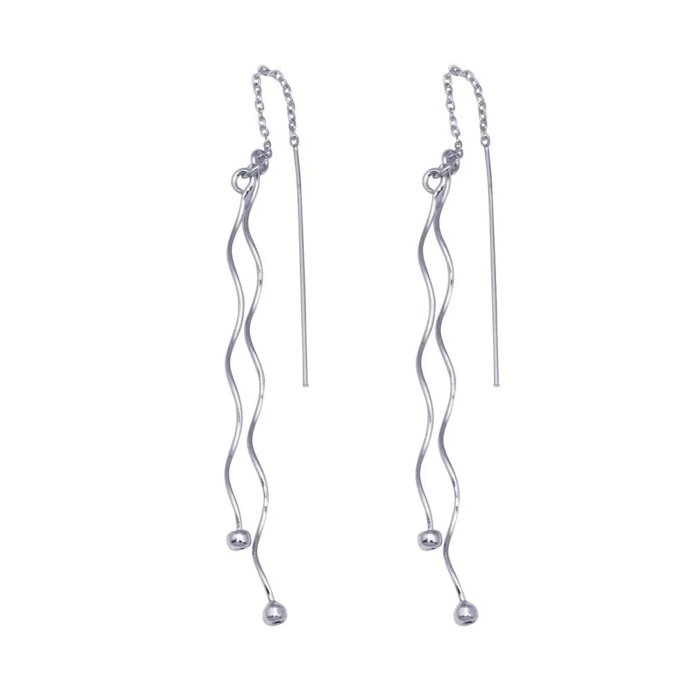 Silver 925 Rhodium Plated Two Twisted Wire Threaded Hanging Ball Hook Earrings - DSE00046