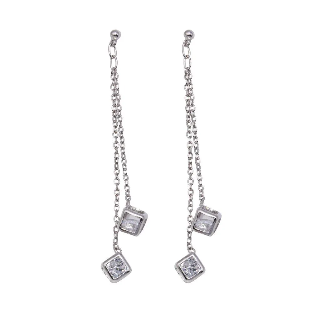 Silver 925 Rhodium Plated Two Wire Dangling Block CZ Hook Earrings - DSE00025