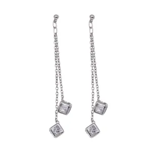 Silver 925 Rhodium Plated Two Wire Dangling Block CZ Hook Earrings - DSE00025