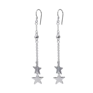 Silver 925 Rhodium Plated Two Wire Dangling Solid Star Hook Earrings - DSE00037