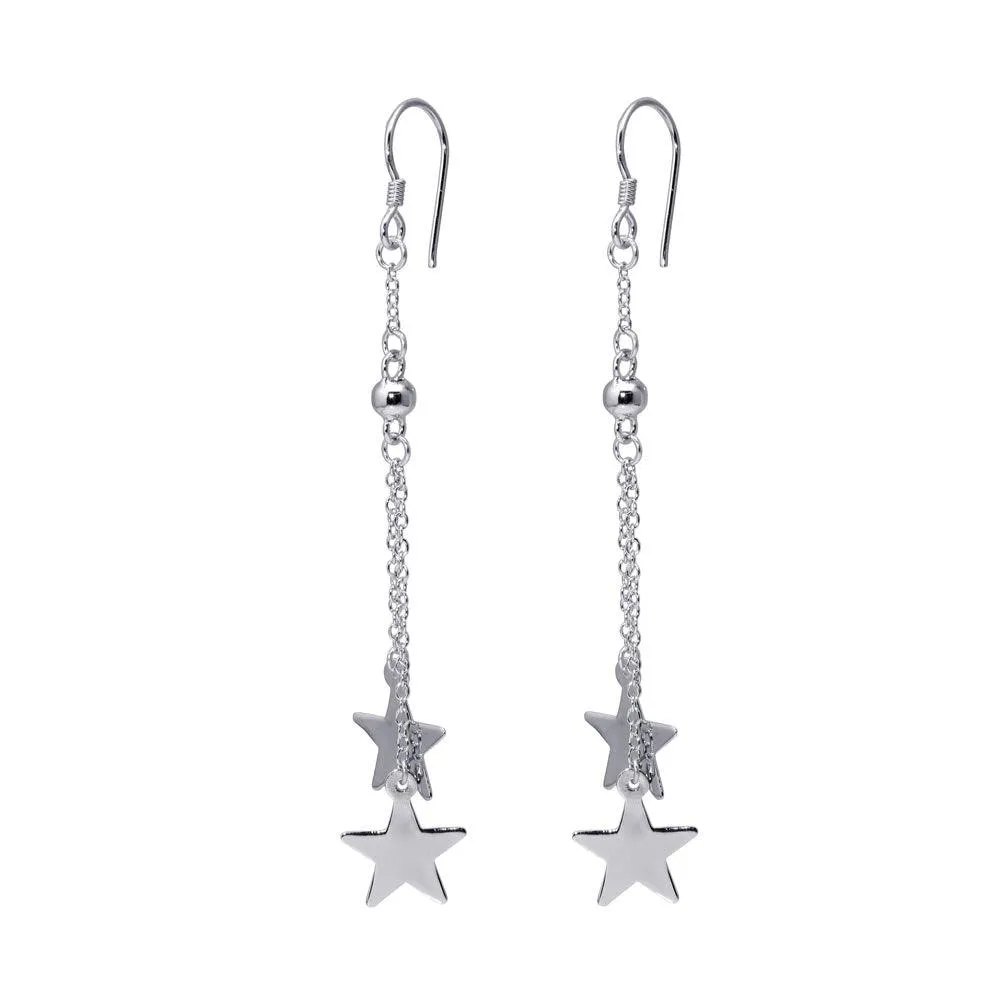 Silver 925 Rhodium Plated Two Wire Dangling Solid Star Hook Earrings - DSE00037