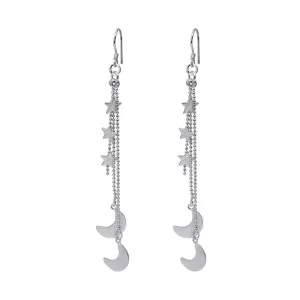 Silver 925 Rhodium Plated Wire Dangling Star and Crescent Moon Hook Earrings - DSE00033