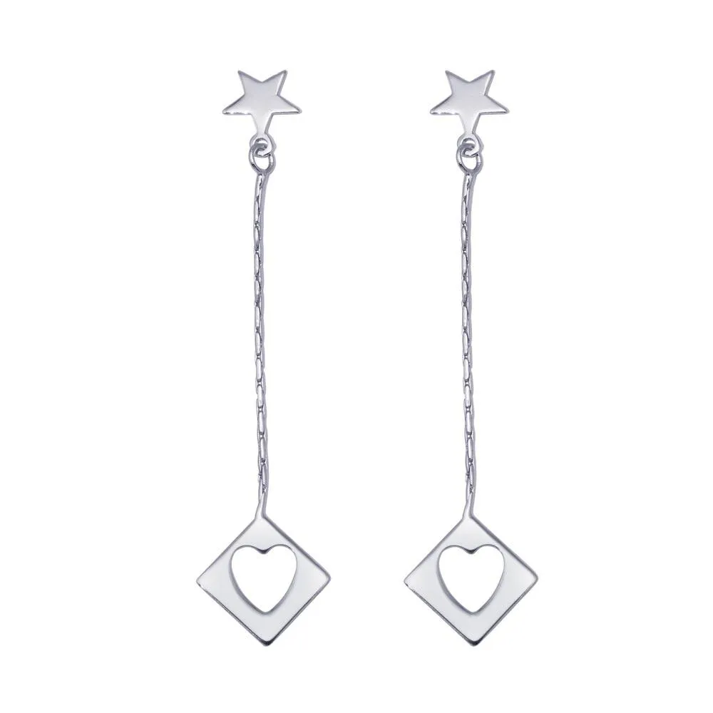 Silver 925 Rhodium Plated Wired Dangling Square Open Heart Stud Earrings - DSE00028