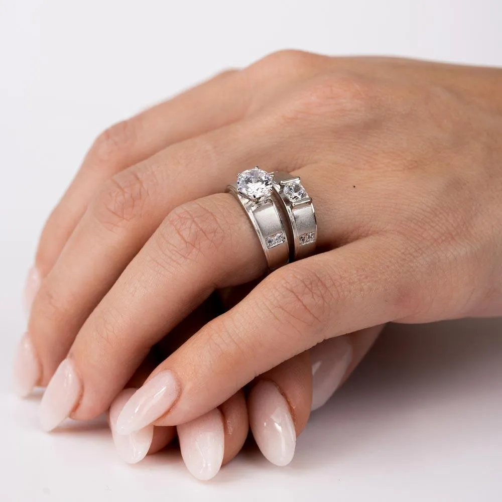 Silver 925 Rhodium Plated with Matte Finish Round Center Trio Bridal Ring - GMR00190