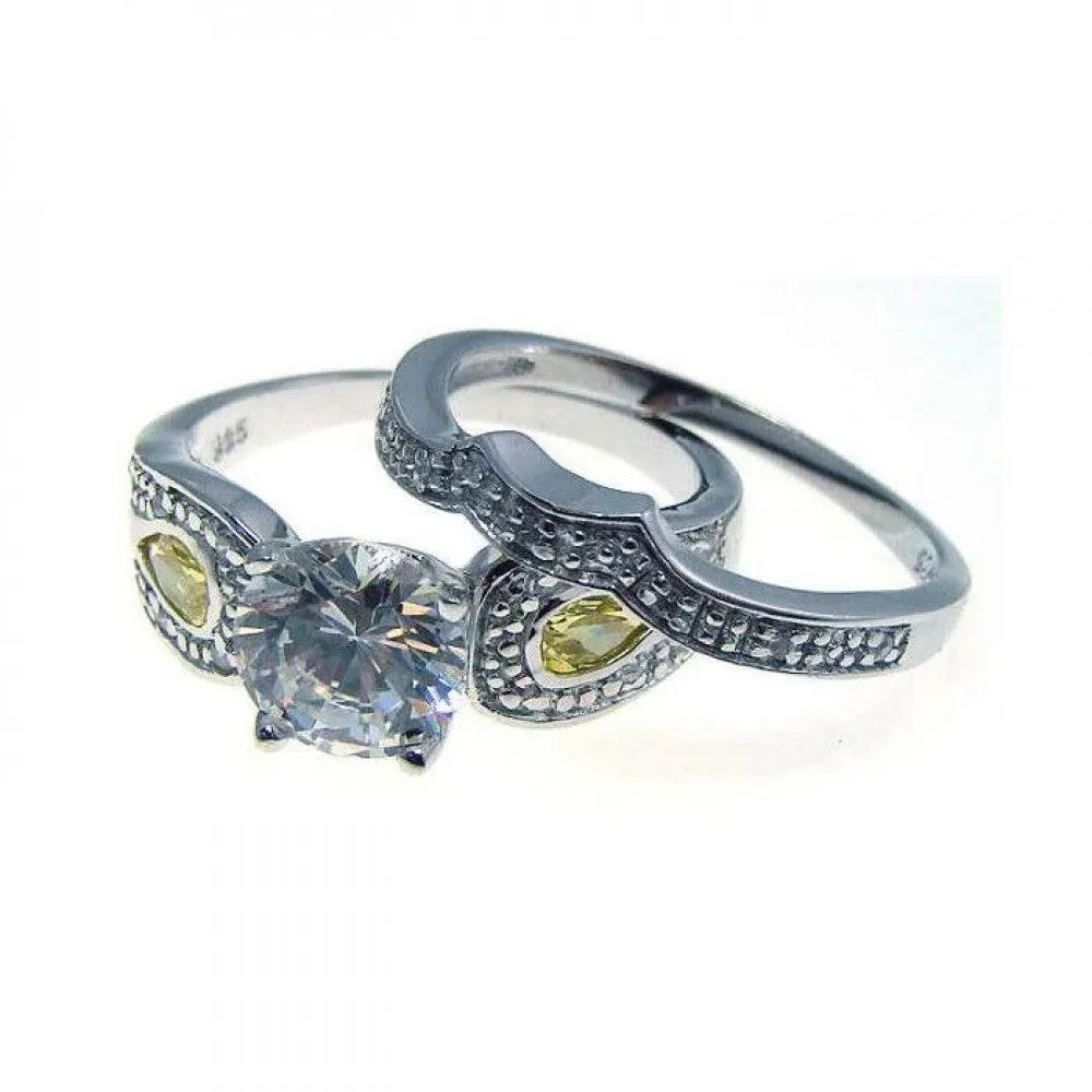 Silver 925 Rhodium Plated Yellow and Clear CZ Antique Ring Pair - STR00535