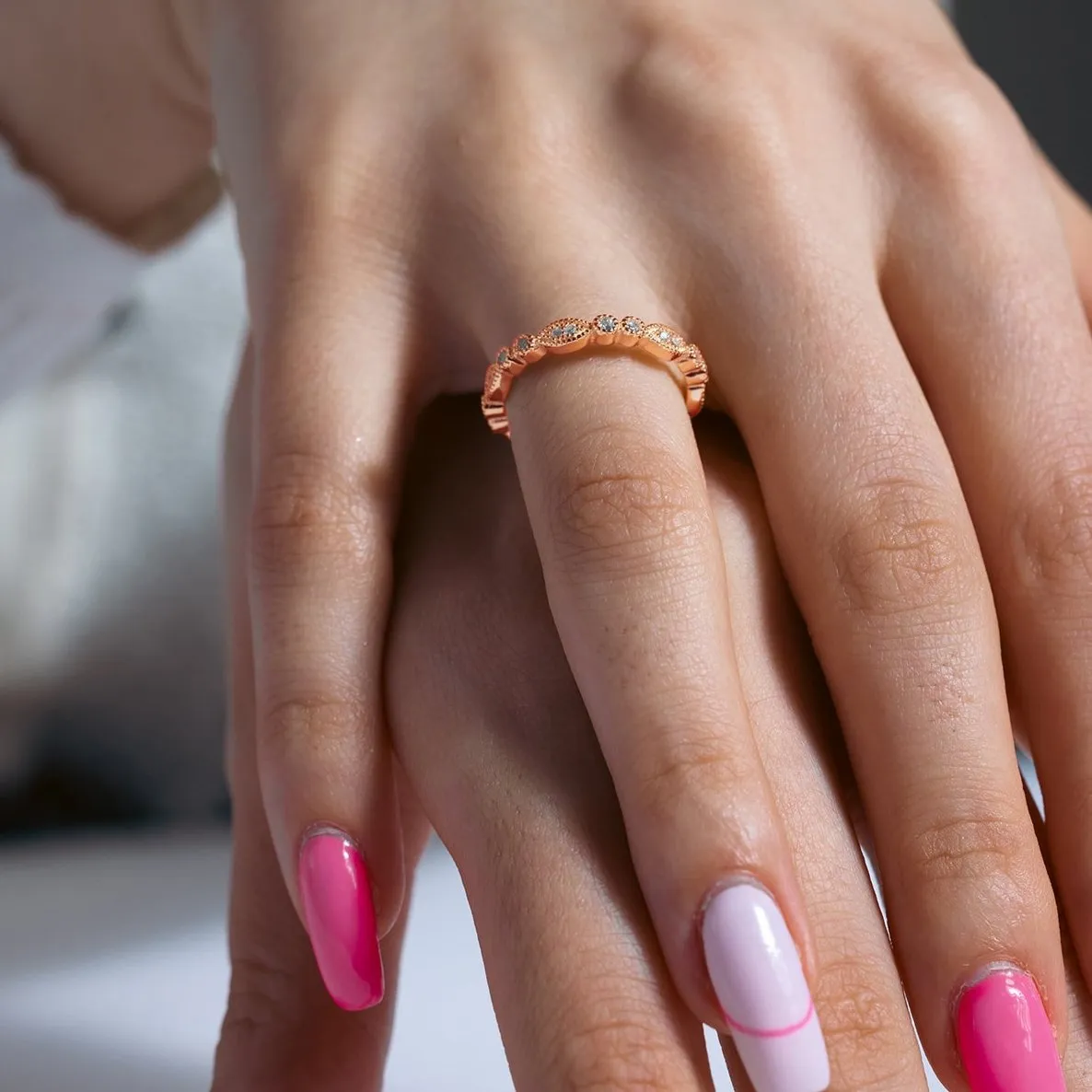 Silver 925 Rose Gold Plated Clear Round and Marquise CZ Stackable Eternity Ring - BGR00537RGP