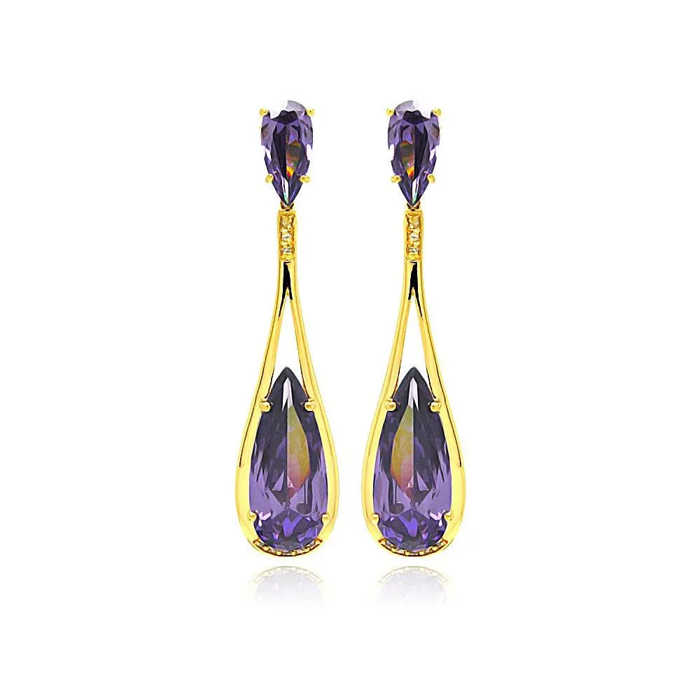 Silver 925 Rose Gold Rhodium Plated Purple Teardrop CZ Dangling Stud Earrings - BGE00282