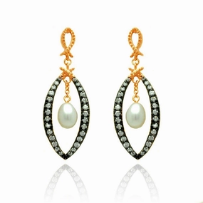 Silver 925 Black and Rose Gold Plated Open Marquise Clear CZ Dangling Fresh Water Pearl Stud Earrings - BGE00289