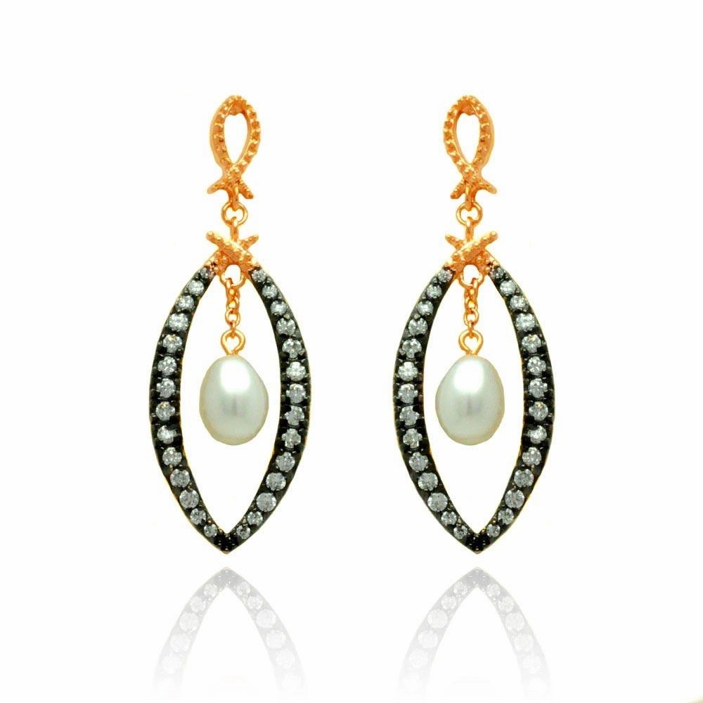 Silver 925 Black and Rose Gold Plated Open Marquise Clear CZ Dangling Fresh Water Pearl Stud Earrings - BGE00289