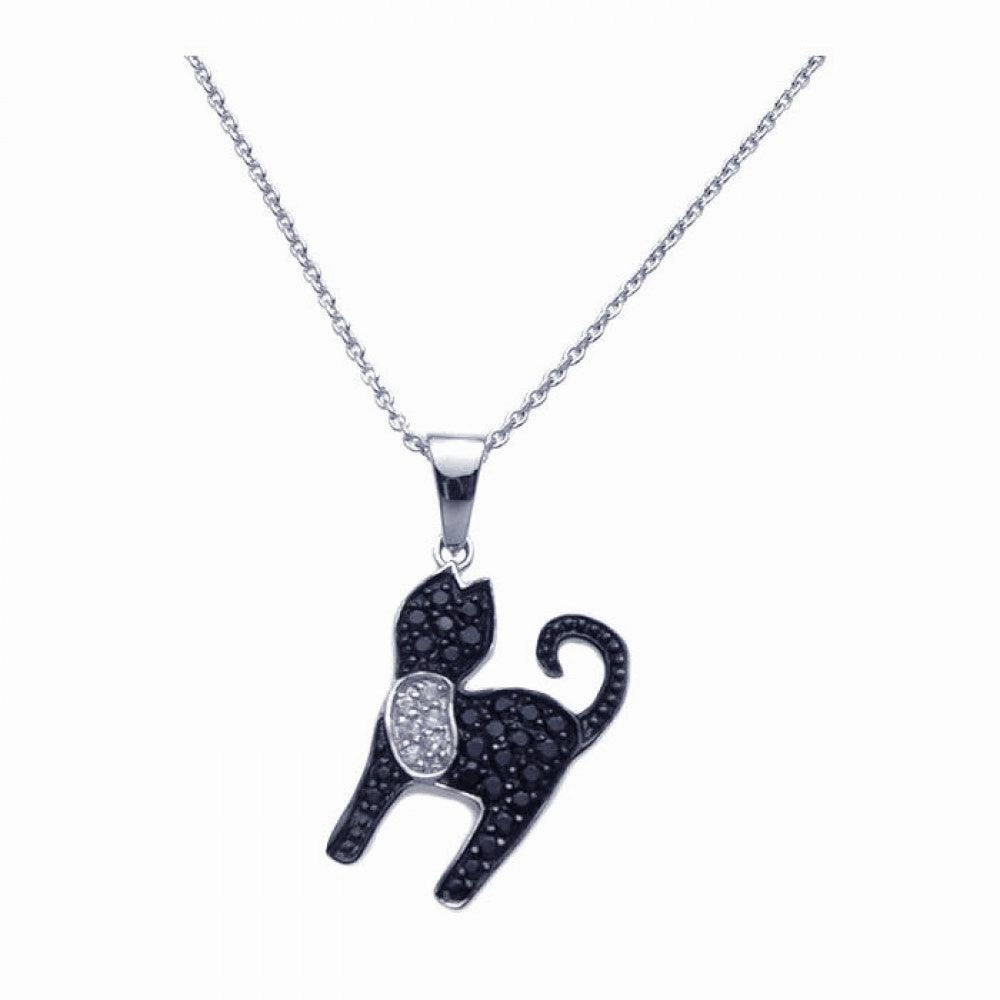 Silver 925 Black Rhodium Plated Black CZ Cat Pendant Necklace - STP00966
