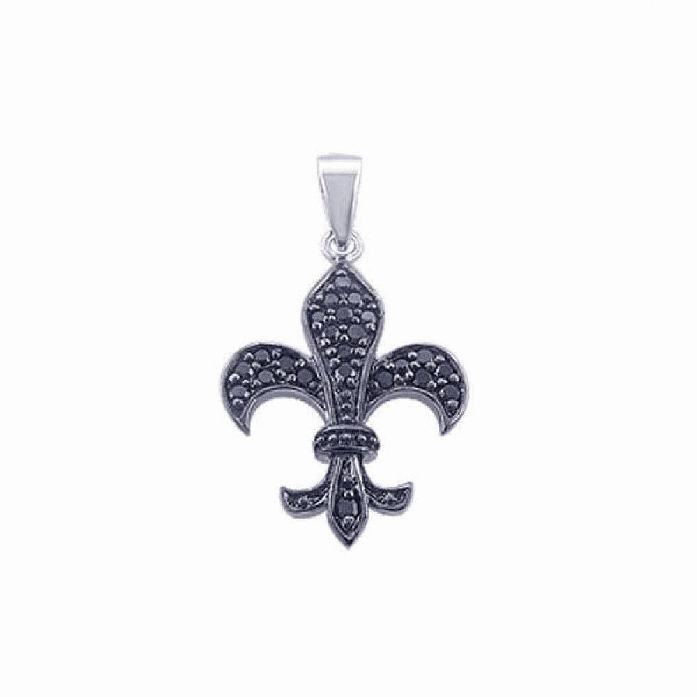 Silver 925 Black Rhodium Plated Black CZ Flor De Lis Pendant - STP00768