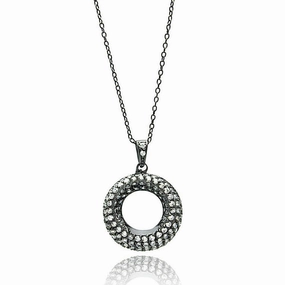 Silver 925 Black Rhodium Plated Open Circle Clear CZ Necklace - BGP00694