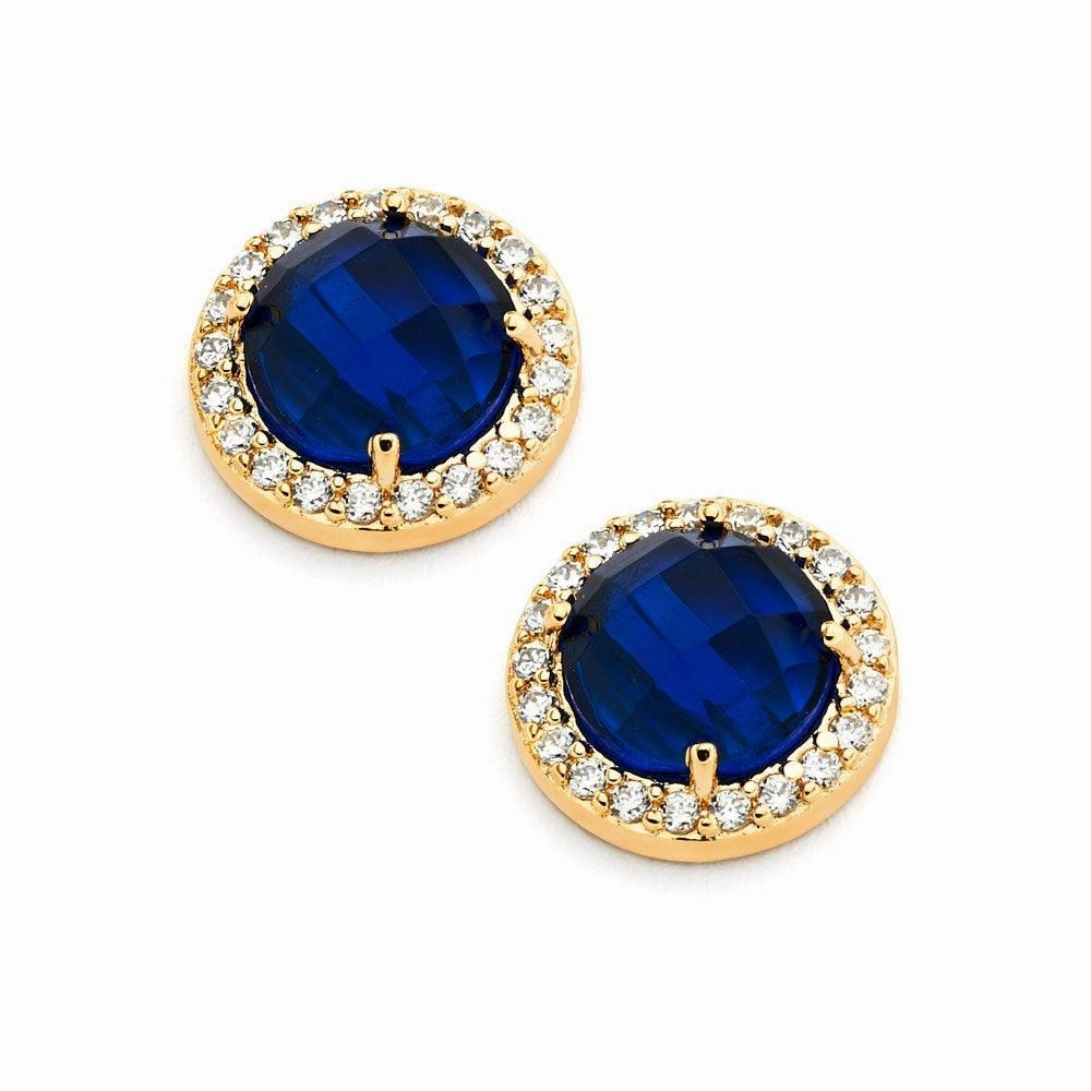 Silver 925 Gold Plated Blue Center Clear Outline CZ Stud Earrings - BGE00360B