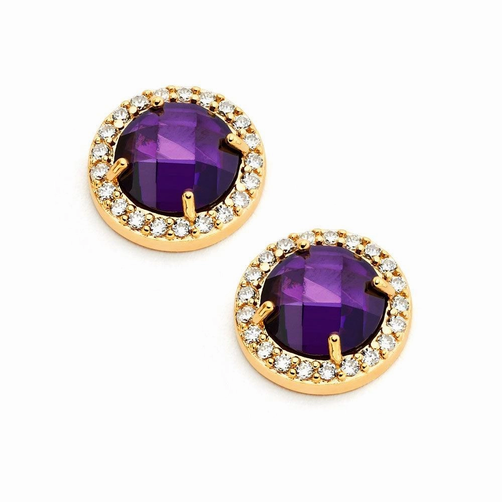 Silver 925 Gold Plated Channel Teardrop Purple CZ Dangling Stud Earrings - BGE00360P