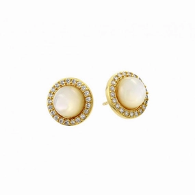 Silver 925 Gold Plated Round CZ Outline Center Pearl Stud Earrings - BGE00410GP