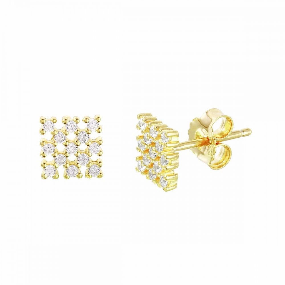 Silver 925 Gold Plated Small Square Checkered CZ Stud Earrings - ACE00078GP