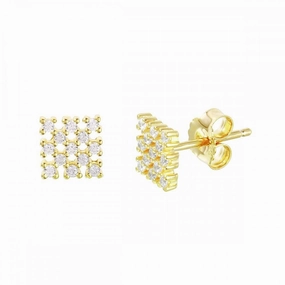 Silver 925 Gold Plated Small Square Checkered CZ Stud Earrings - ACE00078GP
