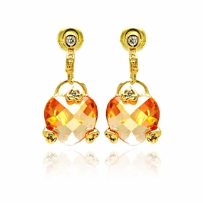 Silver 925 Gold Rhodium Plated Heart Champagne CZ Dangling Stud Earrings - BGE00192