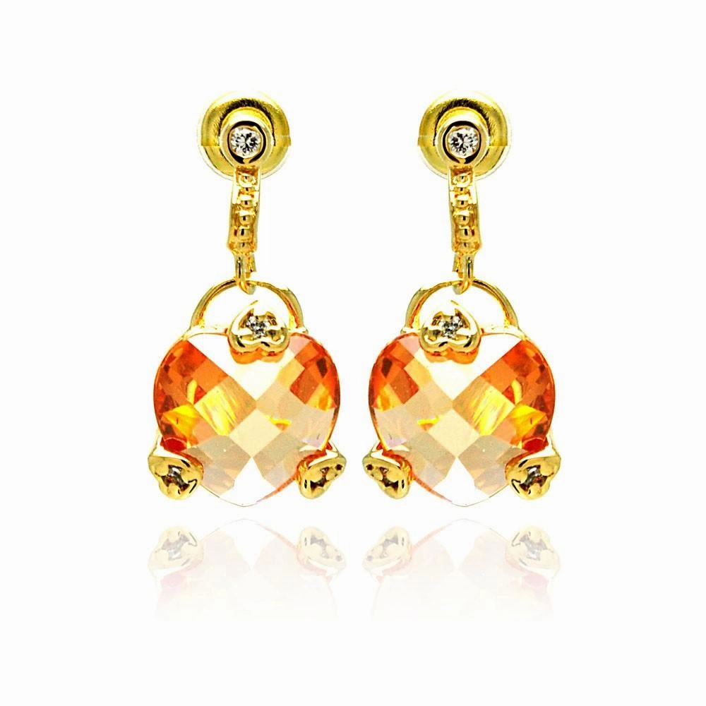 Silver 925 Gold Rhodium Plated Heart Champagne CZ Dangling Stud Earrings - BGE00192