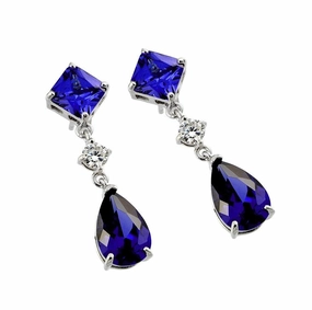 Silver 925 Gold Rhodium Plated Tanzanite and Clear CZ Dangling Stud Earrings - BGE00372