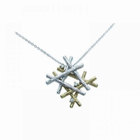 Silver 925 Rhodium Four Toned Multiple Wooden Stick Round CZ Necklace - BGP00258