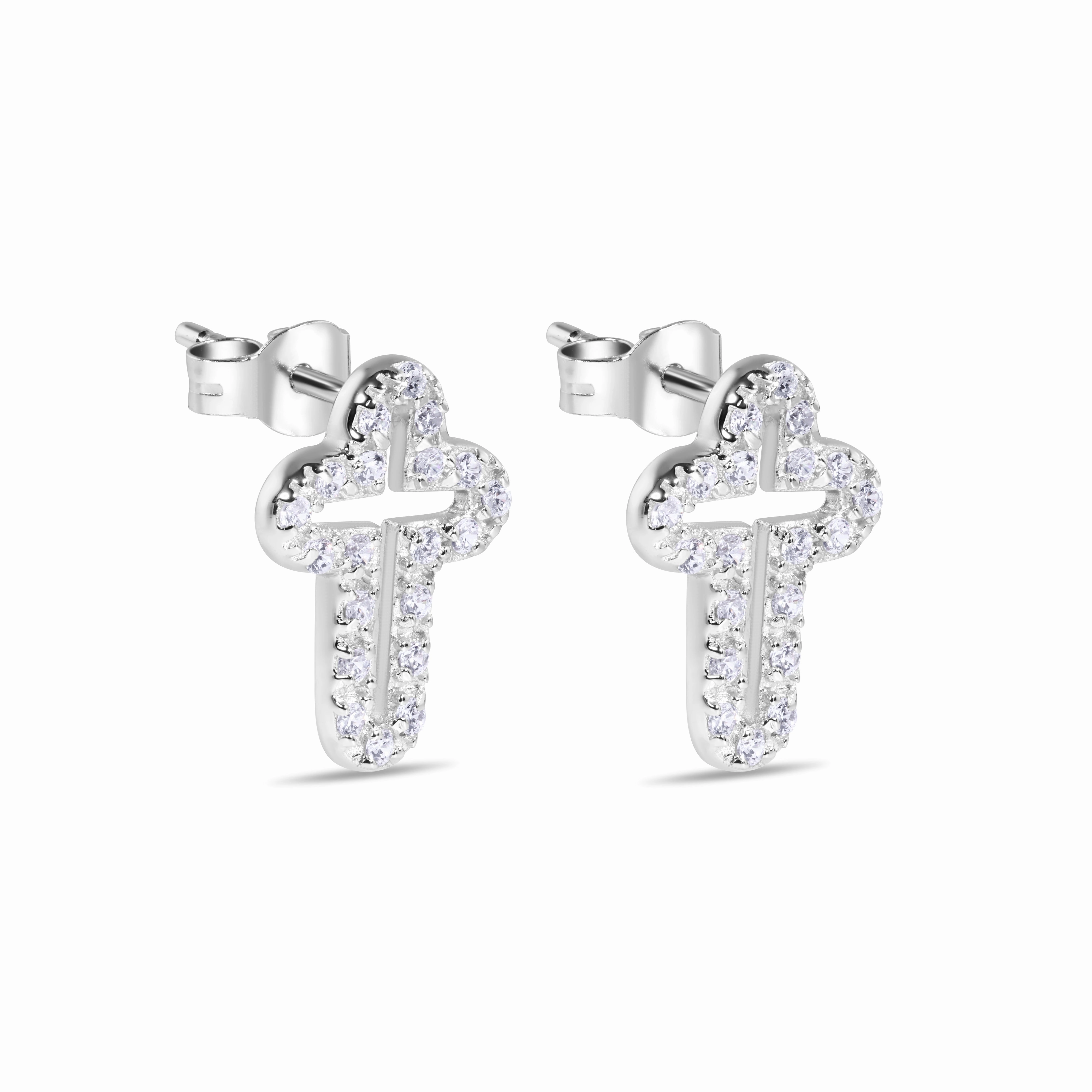 Silver 925 Rhodium Open Cross Plated Clear CZ Stud Earrings - STEM023