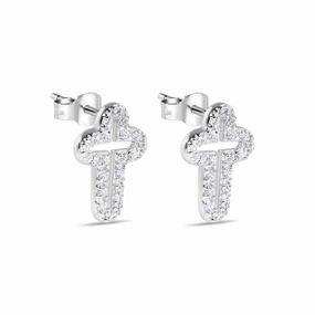 Silver 925 Rhodium Open Cross Plated Clear CZ Stud Earrings - STEM023