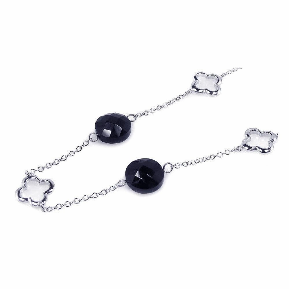 Silver 925 Rhodium Plated Black CZ Clover Pendant Necklace - BGN00028
