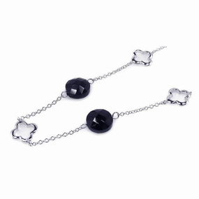 Silver 925 Rhodium Plated Black CZ Clover Pendant Necklace - BGN00028
