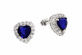 Silver 925 Rhodium Plated Blue and Clear Heart CZ Stud Earrings - BGE00367B