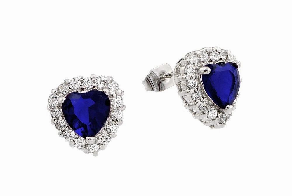 Silver 925 Rhodium Plated Blue and Clear Heart CZ Stud Earrings - BGE00367B