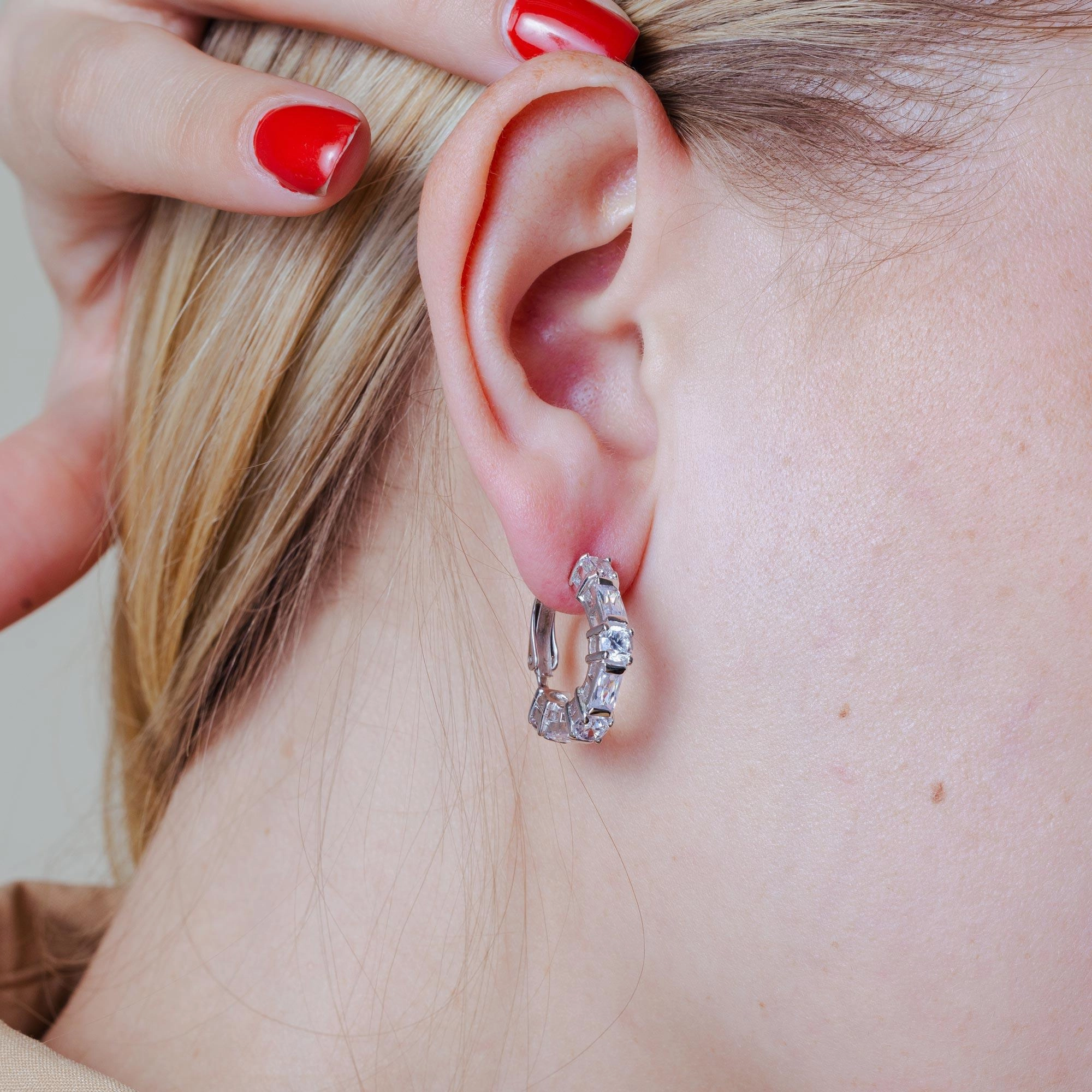 Silver 925 Rhodium Plated Blue and Clear Rectangle and Round Circle CZ Stud Earrings - STE00932