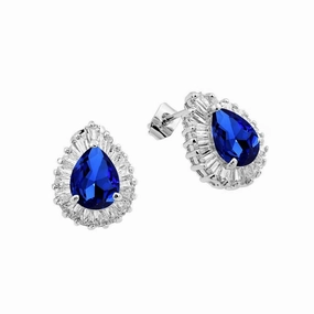 Silver 925 Rhodium Plated Clear and Blue Teardrop Baguette CZ Stud Earrings - BGE00337