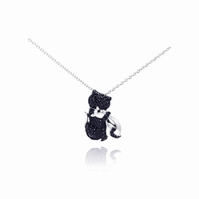 Silver 925 Rhodium Plated Clear CZ Black Kitty Pendant Necklace - STP00969