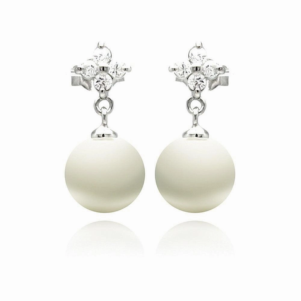 Silver 925 Rhodium Plated Clear CZ Enamel Pearl Dangling Stud Earrings - STE00896