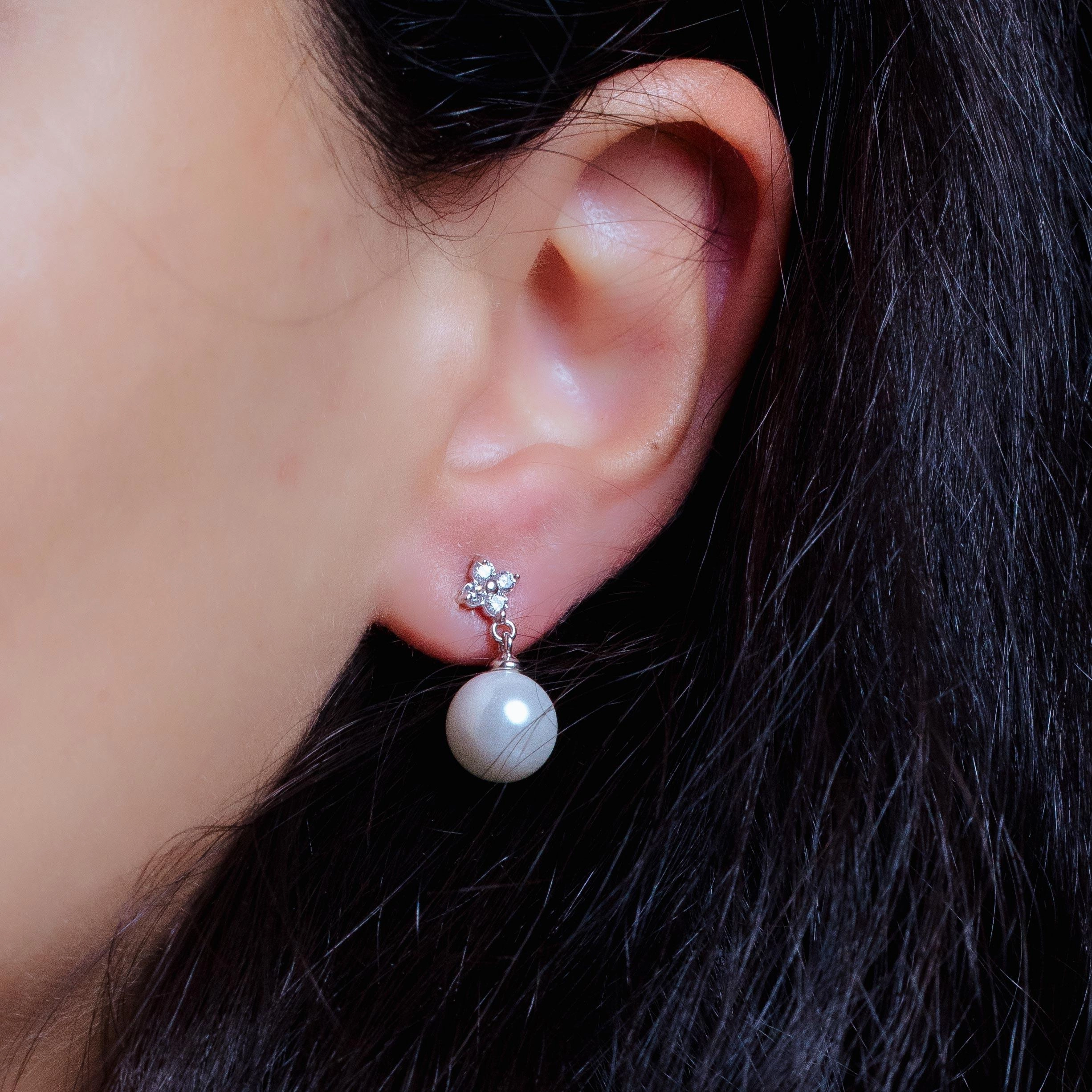 Silver 925 Rhodium Plated Clear CZ Enamel Pearl Dangling Stud Earrings - STE00896