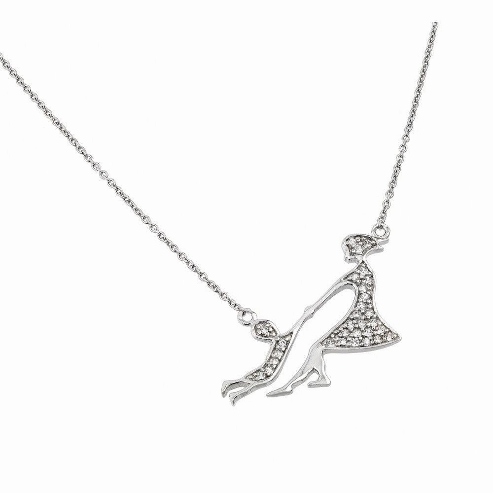 Silver 925 Rhodium Plated Clear CZ Mother and Child Pendant Necklace - STP01397
