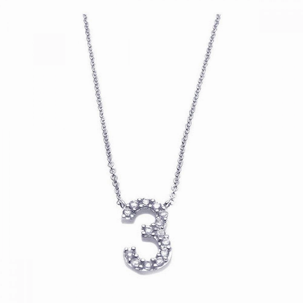 Silver 925 Rhodium Plated Clear CZ Number 3 Pendant Necklace - STP00790