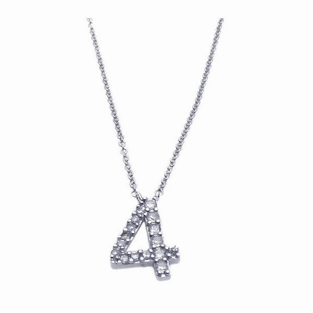 Silver 925 Rhodium Plated Clear CZ Number 4 Pendant Necklace - STP00831