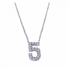 Silver 925 Rhodium Plated Clear CZ Number 5 Pendant Necklace - STP00832