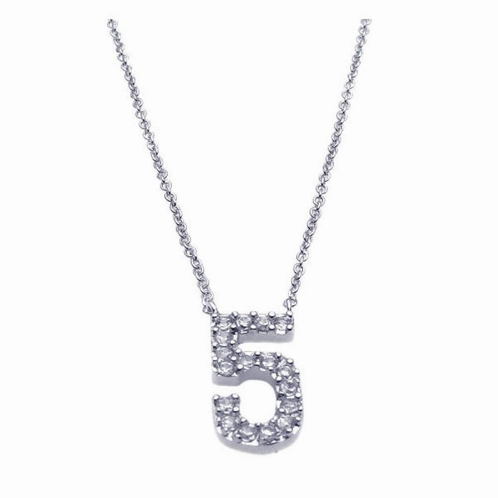 Silver 925 Rhodium Plated Clear CZ Number 5 Pendant Necklace - STP00832