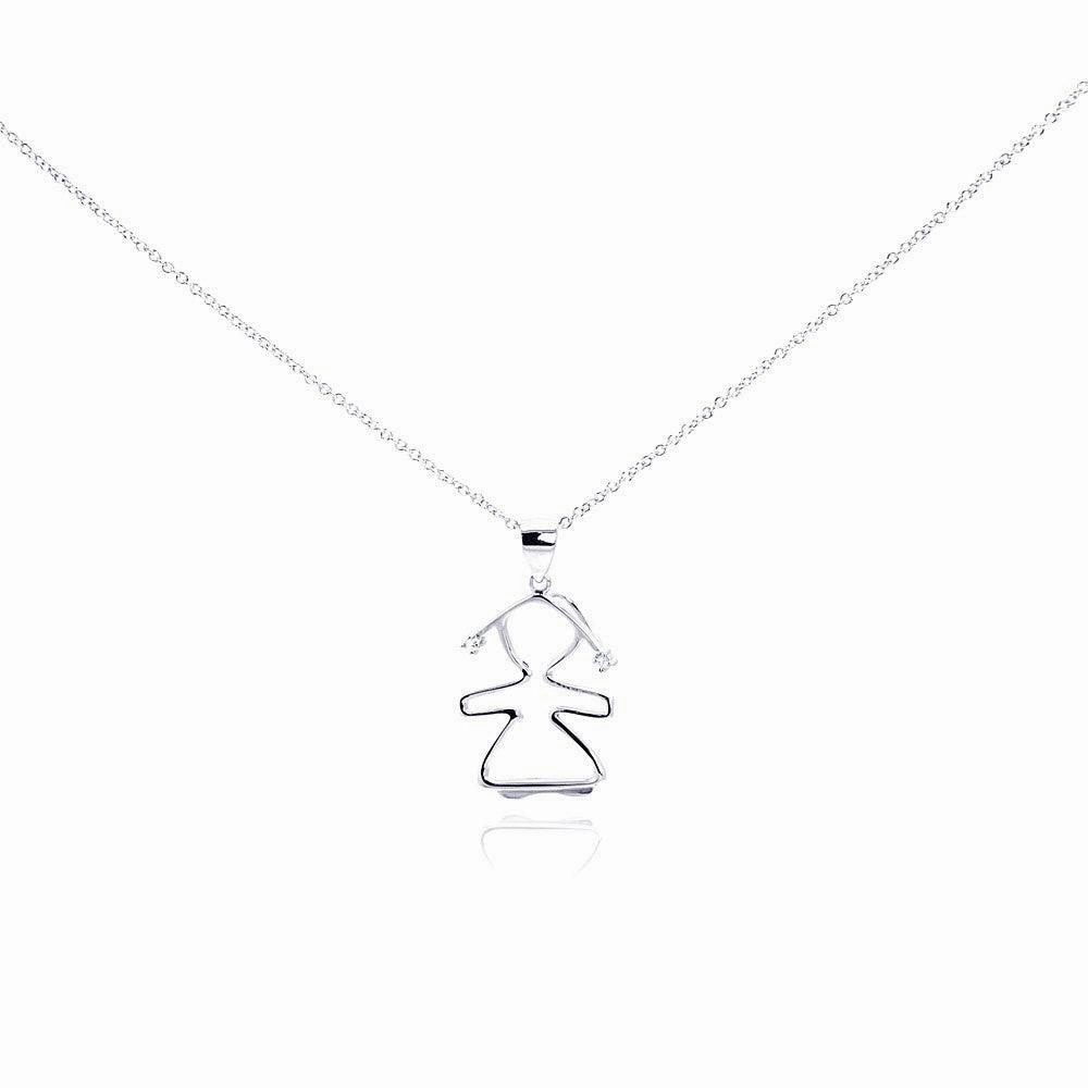 Silver 925 Rhodium Plated Clear CZ Person Girl Pendant Necklace - STP01012