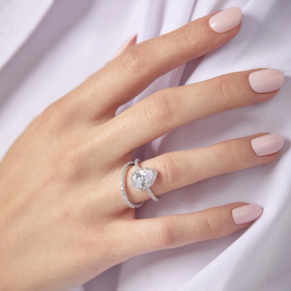 Silver 925 Rhodium Plated Clear Pear Shaped CZ Bridal Ring Set - BGR00530