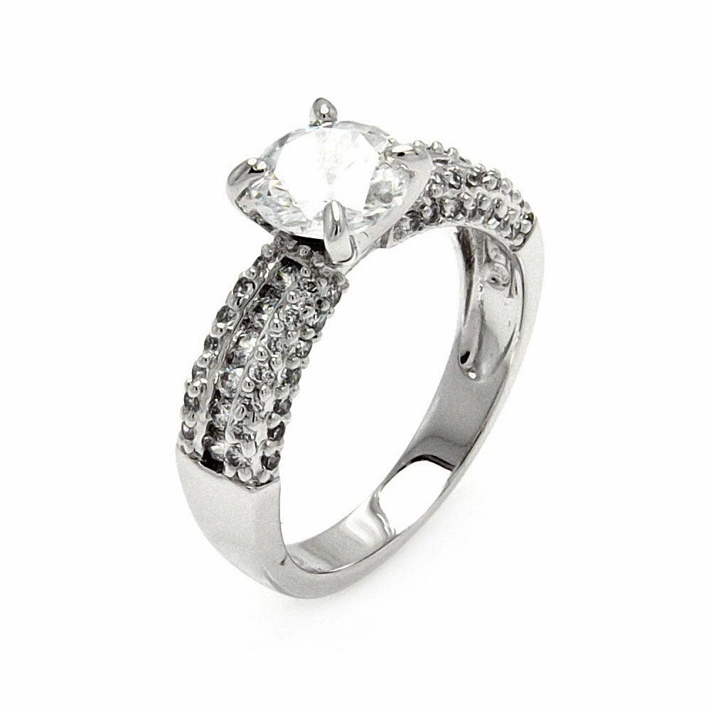 Silver 925 Rhodium Plated Clear Round Center Channel Set CZ Bridal Ring - BGR00524