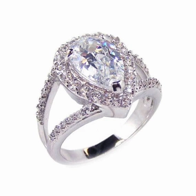 Silver 925 Rhodium Plated Clear Tear Shape CZ Bridal Antique Ring - BGR00084