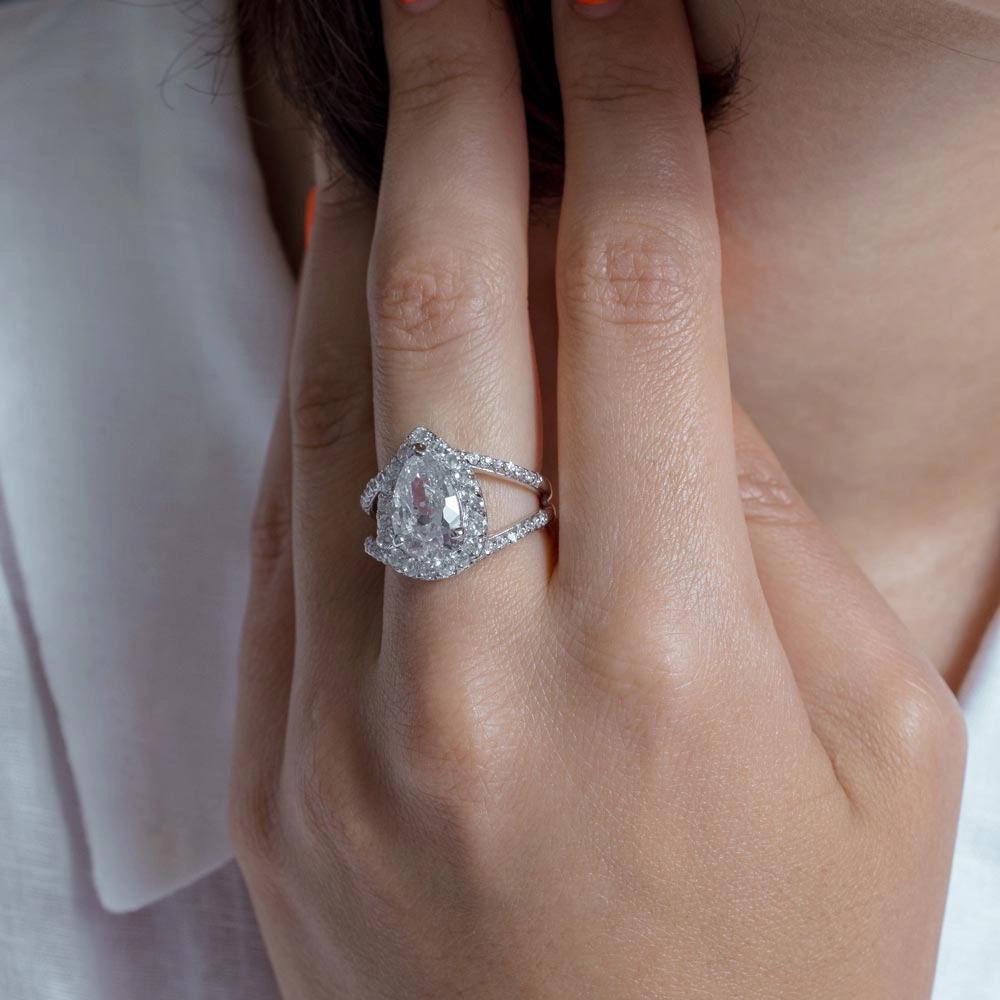 Silver 925 Rhodium Plated Clear Tear Shape CZ Bridal Antique Ring - BGR00084