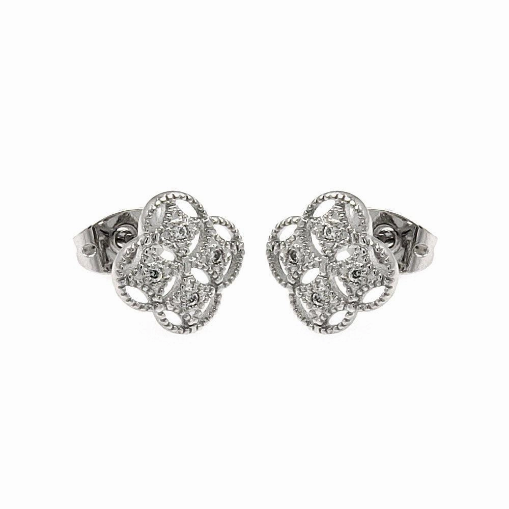 Silver 925 Rhodium Plated Clover CZ Stud Earrings - BGE00250